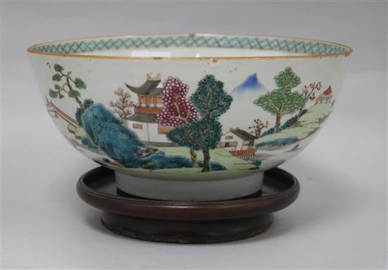 A Chinese famille rose landscape bowl, Qianlong period, diameter 20.2cm, rim crack